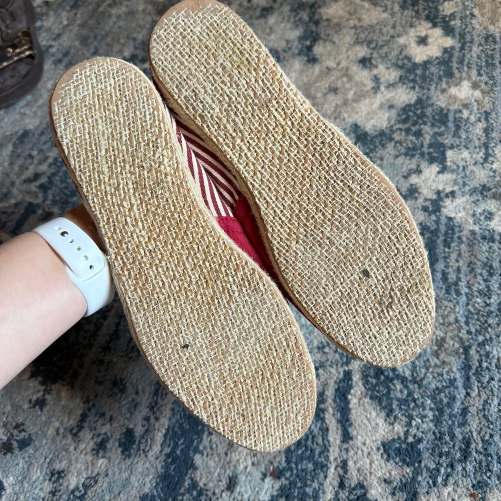 TOMS Womens Alpargata‎ Red Canvas Striped Slip On Espadrille Flats Size 9.5